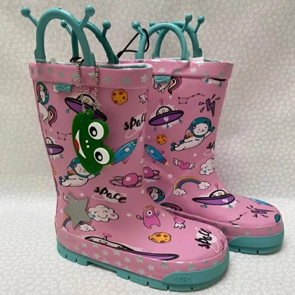 Western Chief Girls' Waterproof Rain Boots with EasyOn Handles Space Party Theme